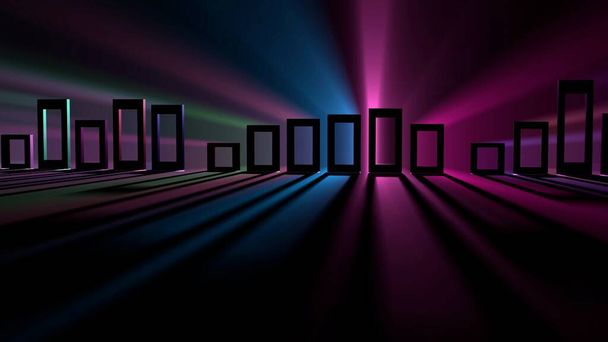 Holle vorm Rechthoeken in een rij met Multicolor verspreiding en bewegende lichtstralen in verschillende kleuren.3d renderen - Foto, afbeelding