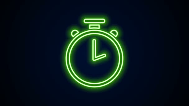 Gloeiende neon lijn Stopwatch pictogram geïsoleerd op zwarte achtergrond. Tijdklok teken. Chronometerteken. 4K Video motion grafische animatie - Video