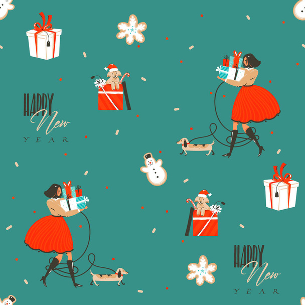 Ręcznie rysowane wektor abstrakcyjny czas zabawy płaskie Wesołych Świąt i Szczęśliwego Nowego Roku czas kreskówki świąteczny bezszwowy wzór z cute ilustracje Xmas retro pudełka upominkowe izolowane na tle koloru - Wektor, obraz