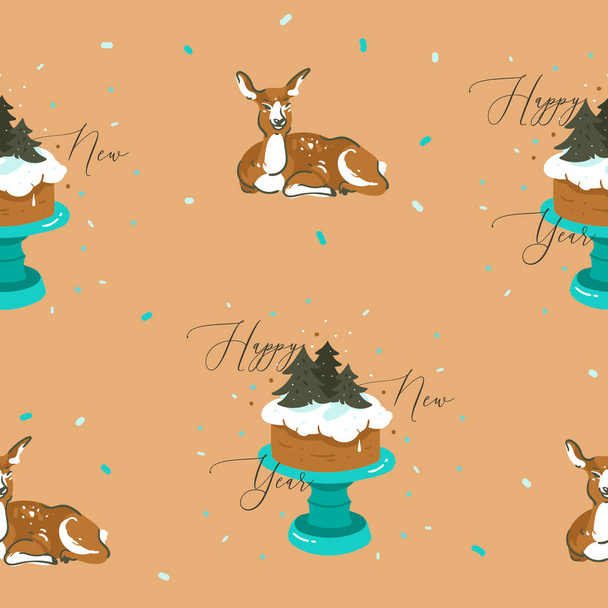 手描きベクトル抽象的な楽しいストックフラットメリークリスマス、そして幸せな新年の漫画かわいいイラストとシームレスなパターン、クリスマスレトロな鹿やトナカイの色の背景に隔離された - ベクター画像
