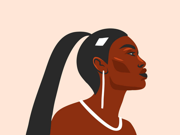 Vettore disegnato a mano astratto stock piatto illustrazione grafica con etnico tribale nero bella donna afro-americana e orecchini d'oro stile semplice, isolato su sfondo bianco - Vettoriali, immagini