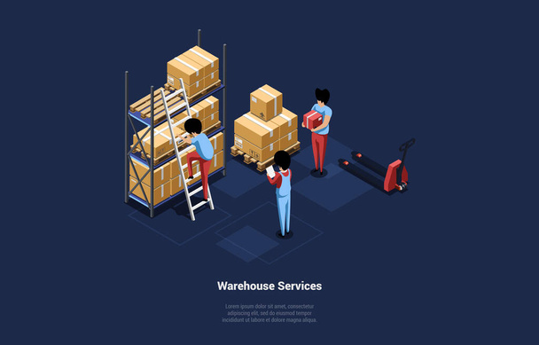 Warehouse Services Illustration In 3D Cartoon Style With Writing. Isometric Vector Composition On Dark Background. Staff Of Three Men Working In Storage. Different Equipment, Boxes, Packages Around - Vector, Image