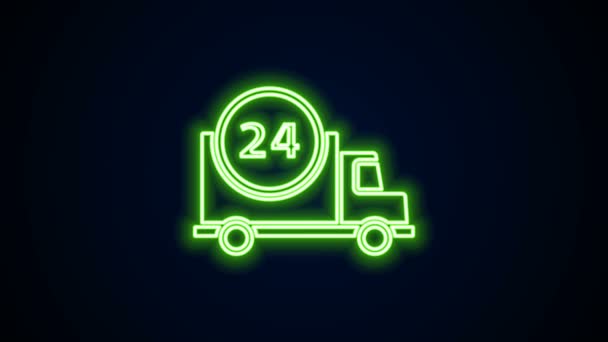 Glowing neon line Fast round the clock delivery by car icon isolated on black background. 4K Video motion graphic animation - Footage, Video