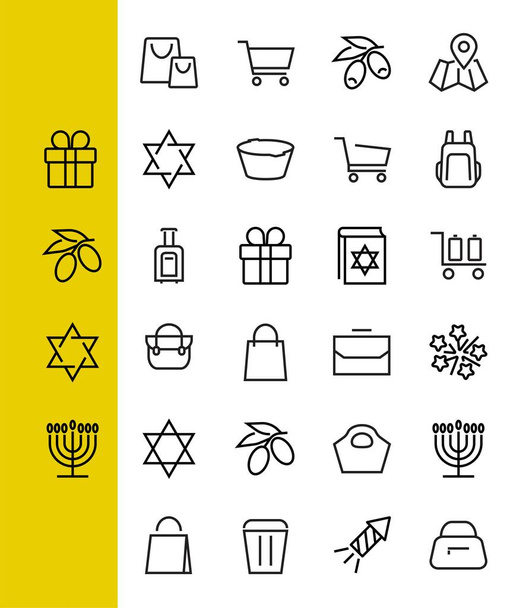 Egyszerű táskák, vásárlás és utazási ikonok. Vektor illusztráció Tartalmaz ikonok, mint a kártya, pénztárca, kosár, kedvezmény, tál, csomag. Fehér alapon, szerkeszthető szélütés - Vektor, kép