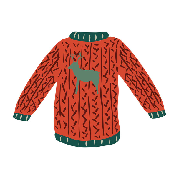 白い背景に隔離されたウールからセーター。赤い醜いセーターとともに鹿のスケッチ手で描かれたスタイルの落書きベクトルイラスト. - ベクター画像