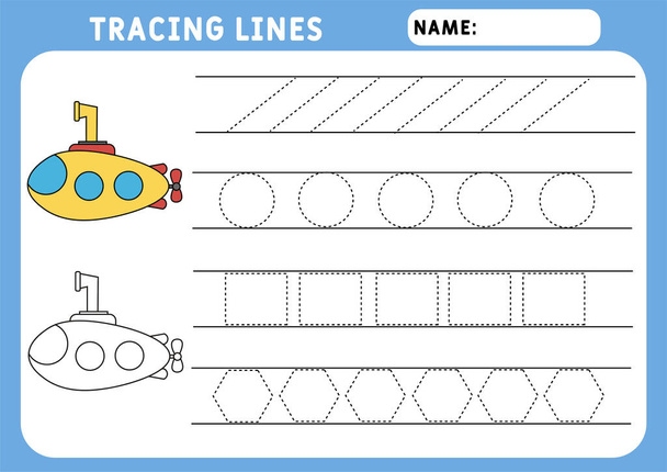Trace line worksheet for kids. Basic writing. Working pages for children. submarine. Preschool or kindergarten worksheet. Trace the pattern. Illustration and vector outline - A4 paper - Vector, Image