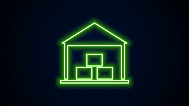 Gloeiende neon lijn Pakhuis pictogram geïsoleerd op zwarte achtergrond. 4K Video motion grafische animatie - Video