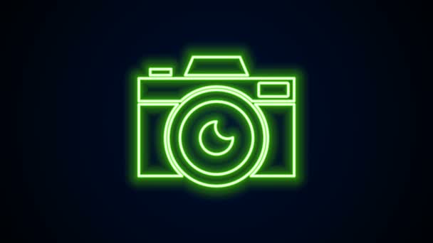 Linea neon incandescente icona della fotocamera fotografica isolata su sfondo nero. Icona della fotocamera fotografica. Animazione grafica 4K Video motion - Filmati, video
