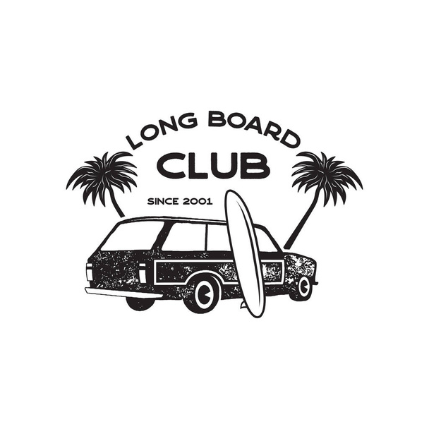 Tişört ve diğer kullanım alanları için klasik sörf logosu tasarımı. Long Board Club tipografisi el yazısı ve minibüs ikonu. Alışılmadık el yazısı sörf yaması amblemi. Stok vektörü - Vektör, Görsel