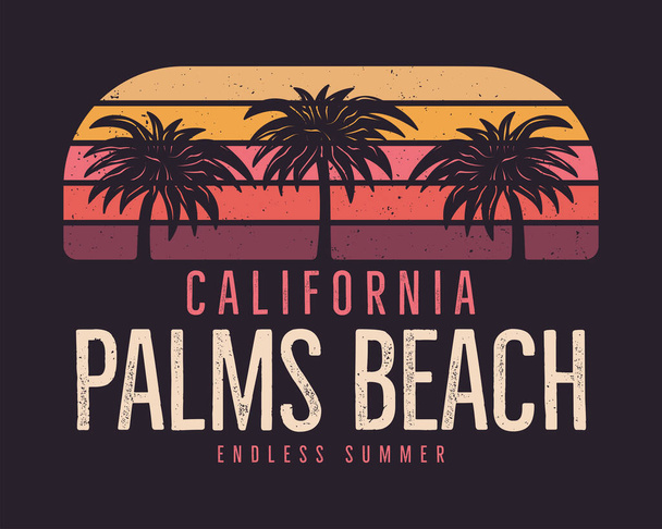 California Palms Beach Graphic for T-Shirt, prints. Vintage hand drawn 90s style emblem. Retro summer travel scene, unusual badge. Surfing Adventure Label. Stock vector. - Vector, Image