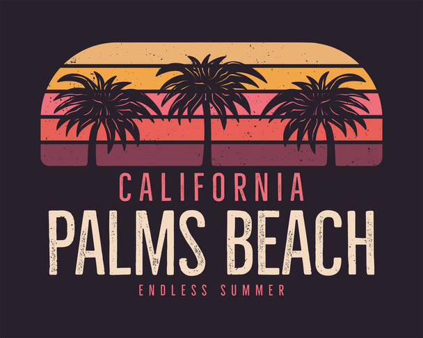 カリフォルニアパームビーチグラフィックTシャツ、プリント。ヴィンテージ手描き90年代スタイルのエンブレム。レトロな夏の旅行シーン、珍しいバッジ。サーフィンアドベンチャーレーベル。株式ベクトル - ベクター画像