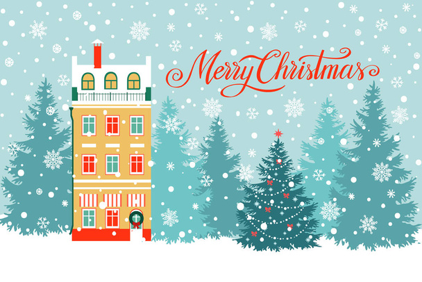 Merry Christmas and Happy New Year greeting card, vector illustration with Christmas tree, hand written lettering, winter house. - Διάνυσμα, εικόνα