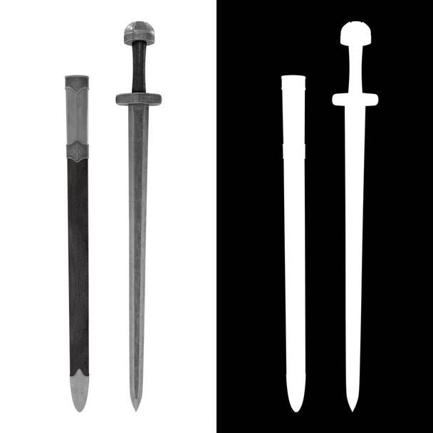 Medieval Viking Sword on white. Top view. 3D illustration. - Photo, Image