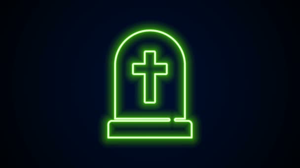Świecąca neonowa linia Tombstone z ikoną krzyża na czarnym tle. Ikona grobu. Wesołego Halloween. 4K Animacja graficzna ruchu wideo - Materiał filmowy, wideo