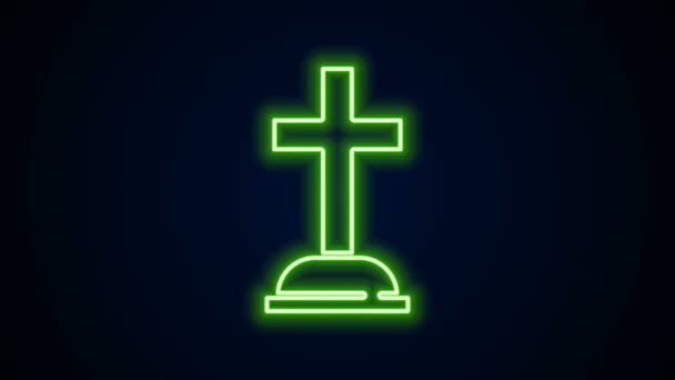 Világító neon vonal Tombstone kereszt ikon elszigetelt fekete alapon. Sírikon. 4K Videó mozgás grafikus animáció - Felvétel, videó