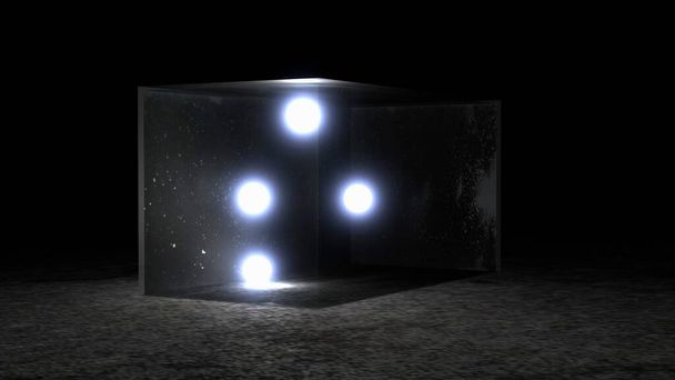 Крупный план четырех хрустальных шаров с освещением в прозрачной стеклянной коробке, 3D рендеринг - Фото, изображение