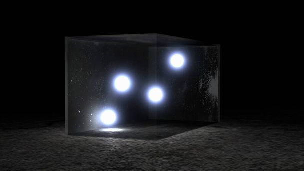 Primer plano de cuatro bolas de cristal con luz iluminante en una caja de vidrio transparente, renderizado 3D - Foto, Imagen