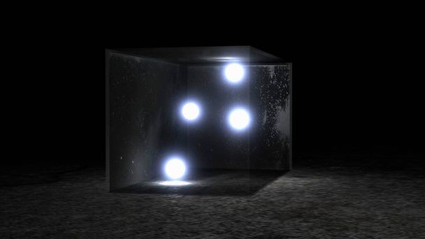 four Crystal Balls with illuminating light in a transparent glass box, 3D render - Photo, Image