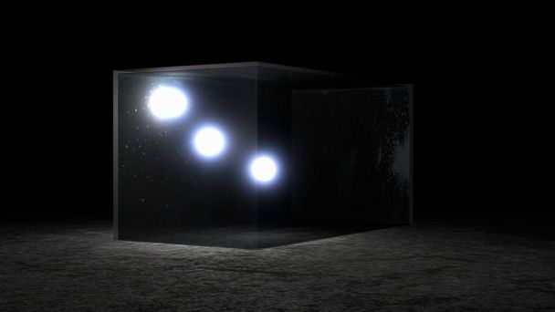 Primo piano di tre sfere con luce illuminante in una scatola di vetro trasparente, rendering 3D - Foto, immagini
