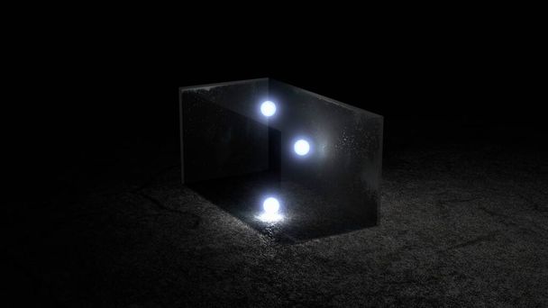 Boules de cristal éclatantes avec et lumière éclairante rebondissant dans une boîte en verre transparent, rendu 3D - Photo, image