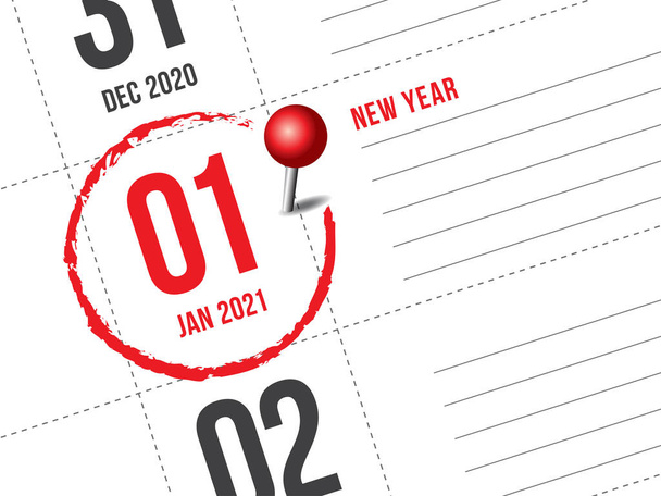 Primer plano del primer día del año 2021 en el calendario diario, vector de diseño simple y limpio. - Vector, imagen