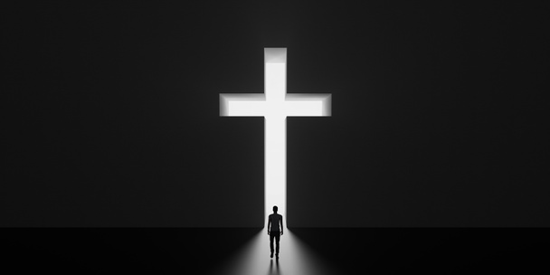God is onze enige redding. Een man die uit de donkere kamer komt door een christelijk kruis. Religie concept 3D render 3D illustratie - Foto, afbeelding