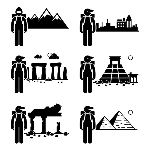 Explorer Avventura a Snow Mountain City Antiche rovine Tempio di pietra Egitto Piramide Stick Figura Pittogramma Icona
 - Vettoriali, immagini