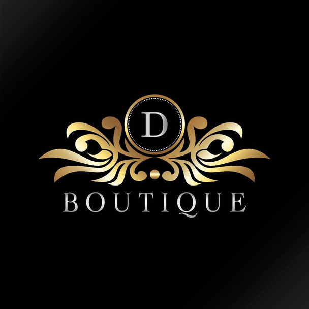 Letra D Logo Oro Lujo Boutique Insignia Decorativo Ornato Elegancia Adorno Diseño Vector - Vector, imagen