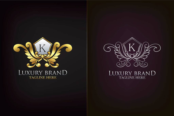 Icône initiale de logo de décoration de luxe de K de lettre d'emblème d'or, modèle décoratif élégant de conception de logo d'emblème - Vecteur, image