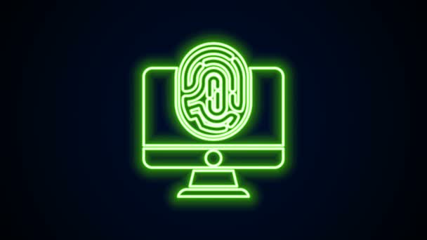 Leuchtender Neon Line Monitor mit Fingerabdrucksymbol isoliert auf schwarzem Hintergrund. ID-App-Symbol. Erkennungszeichen. Berühren Sie id. 4K Video Motion Grafik Animation - Filmmaterial, Video