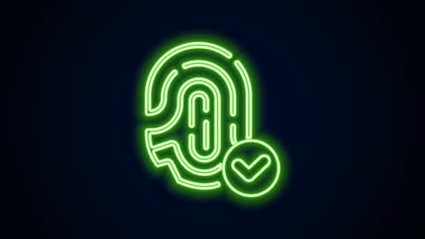 Línea de neón brillante Huella dactilar con icono de marca de verificación aislado sobre fondo negro. Icono de aplicación ID. Signo de identificación. Touch id. Animación gráfica de vídeo 4K - Metraje, vídeo