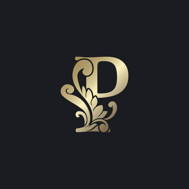 Klasszikus arany levél P Luxus dekoratív Kezdeti logó ikon, Elegancia örvény OrNate Deco Logó Vintage Template Design - Vektor, kép