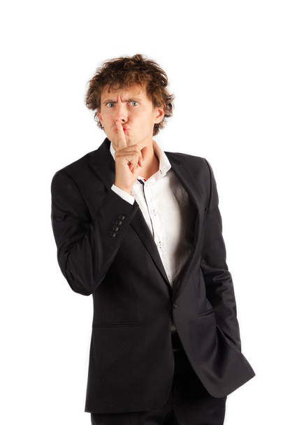 serious austere young business man to call keep silence isolated - 写真・画像