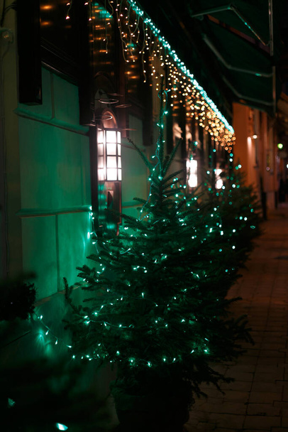 Стильные рождественские елки в зеленом свете, праздничный декор улицы или здания перед зданием в вечернее время. Зимняя ярмарка. Счастливого Рождества!! - Фото, изображение