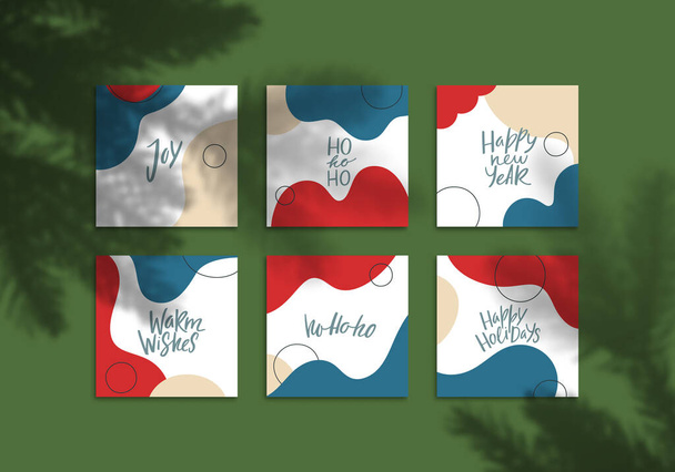 Minimalist Template New Year Cards Mock Up Design. Vector Collage with Flyers Graphic Design with Christmas Tree Shadow Overlays. Editable Background Design for Brand Social Media. - Vector, Image