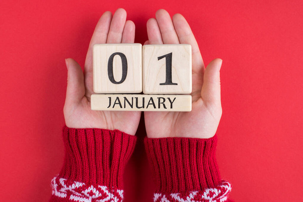 First day of happy new year concept. Top above overhead close up view photo of female hands holding calender with the first of january isolated over bright color background - Foto, immagini