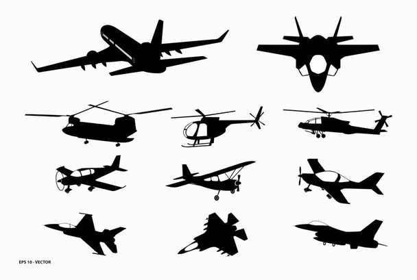 Bir dizi uçak silueti ya da çeşitli siyah uçak silueti. 10 vektör, değiştirmesi kolay - Vektör, Görsel