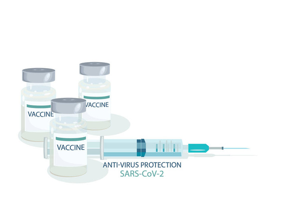 Εμβολιασμός. Εμβόλιο ιατρικών φιαλών, σύριγγα που απομονώνεται σε λευκό φόντο. ΣΑΡΣ CoV 2.  - Διάνυσμα, εικόνα