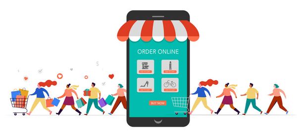 Lidé nakupují online pomocí mobilního telefonu. Šťastní muži a ženy se účastní sezónního prodeje v obchodě, obchodě, obchoďáku a on-line. Kreslené znaky na bílém pozadí - Vektor, obrázek