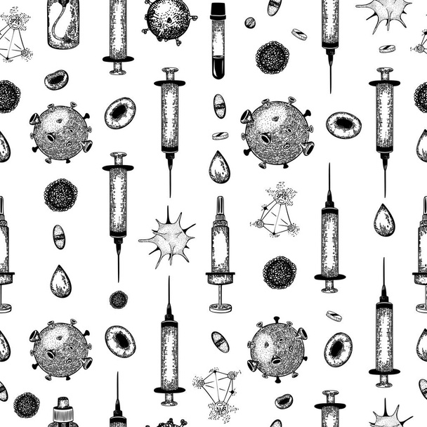 Бесшовный векторный рисунок с медицинскими инструментами, вирусными клетками, химикатами и другими элементами в стиле ручной гравировки - Вектор,изображение