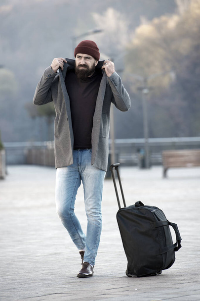 brutal caucasian hipster with moustache. Male barber care. Mature hipster with beard. Fashion man with beard. Bearded man. traveling and vacation. autumn fashion - Foto, Imagen