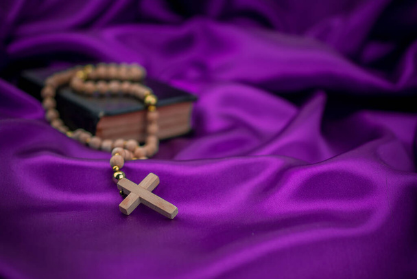 bible and wooden rosary background - Photo, Image