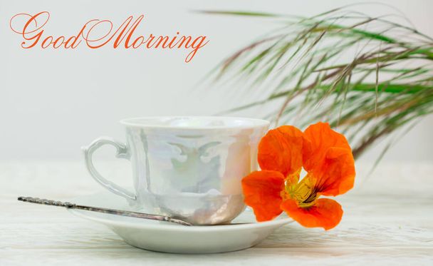 Flores naranjas sobre fondo blanco con taza de café  - Foto, Imagen