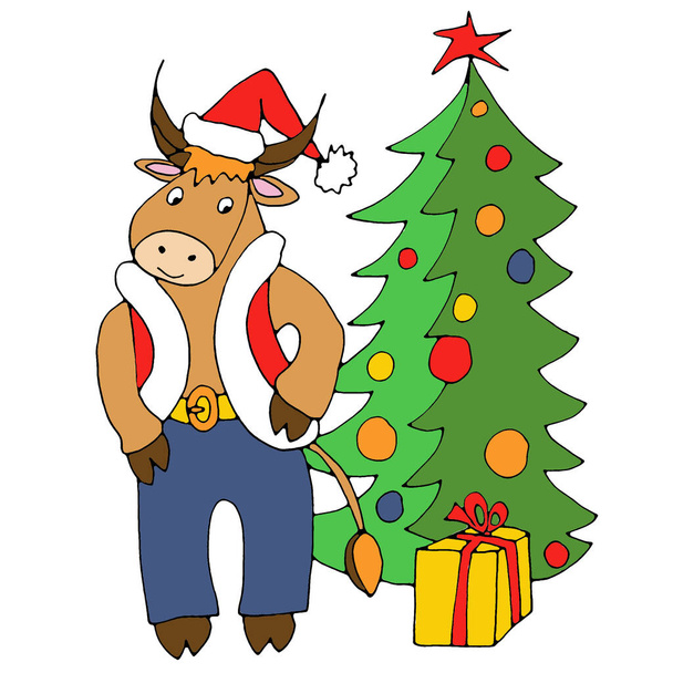 Toro en una gorra y chaleco de Navidad con un árbol de Navidad y un regalo, dibujo gráfico a color sobre un fondo blanco. ilustración de alta calidad - Foto, imagen