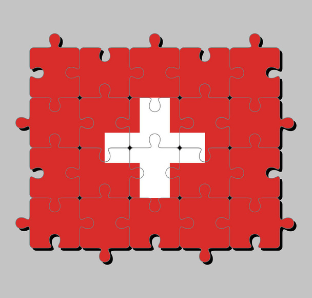 O quebra-cabeça da bandeira suíça consiste em uma bandeira vermelha com uma cruz branca no centro. Conceito de realização ou perfeição. - Vetor, Imagem