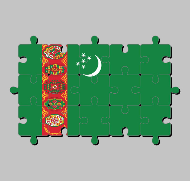 Quebra-cabeça da bandeira do Turquemenistão em campo verde com listra vermelha contendo cinco guls de tapete empilhados acima de dois ramos de oliveira cruzados. Conceito de realização ou perfeição. - Vetor, Imagem
