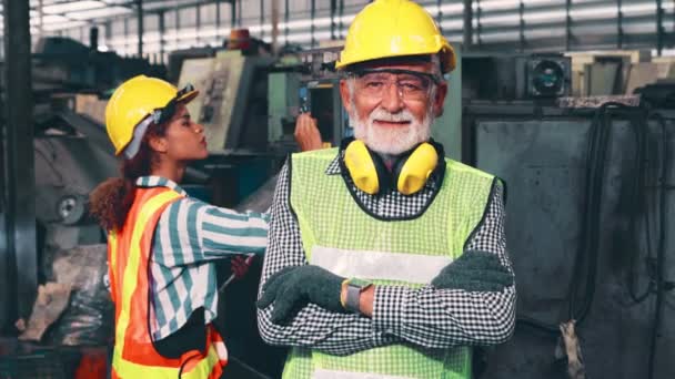 Ανώτερος εργάτης ή μηχανικός κοντά πορτρέτο στο εργοστάσιο - Πλάνα, βίντεο