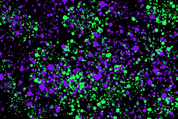 Neon green and purple paint splashes on black background. Abstract texture for web-design, digital printing or concept design. - Photo, Image