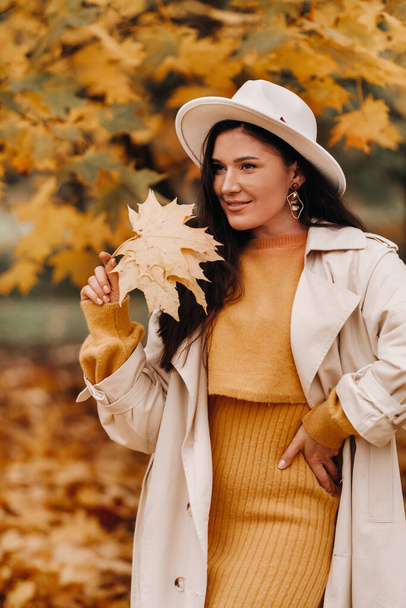 a girl in a white coat and hat smiles in an autumn Park.Portrait of a woman in Golden autumn. - Φωτογραφία, εικόνα