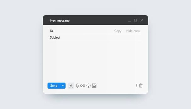 E- posta şablonu. Çevrimiçi kurye arayüzü modeli, internet üzerinden mektup gönderme, posta uygulaması. Başlık, adres ve düğmeli UI ekranı. Metin ve vektör bağlantısı için boş form - Vektör, Görsel